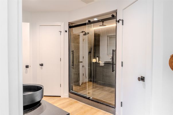 Bathroom, Glass Shower, Interior, Recessed Lighting, Wood Texture Flooring