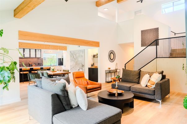 Dining room, Interior, Kitchen, Living room, Pendant Lights, Recessed Lighting, Wooden Beams, Wood Texture Flooring