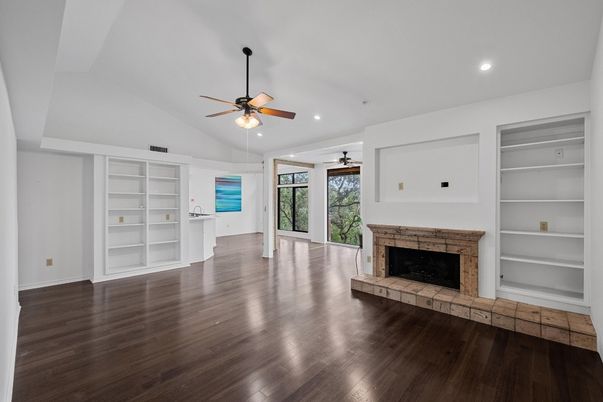 Empty room, Fireplace, Interior, Recessed Lighting, Wood Texture Flooring