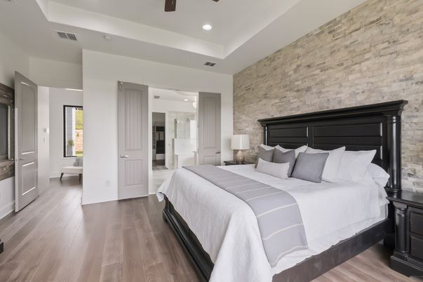 Bedroom, Interior, Recessed Lighting, Stone Walls, Wood Texture Flooring