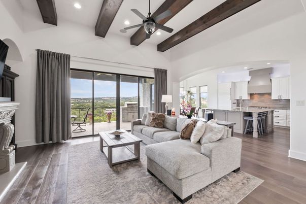 Fireplace, Interior, Kitchen, Living room, Recessed Lighting, Wooden Beams, Wood Texture Flooring