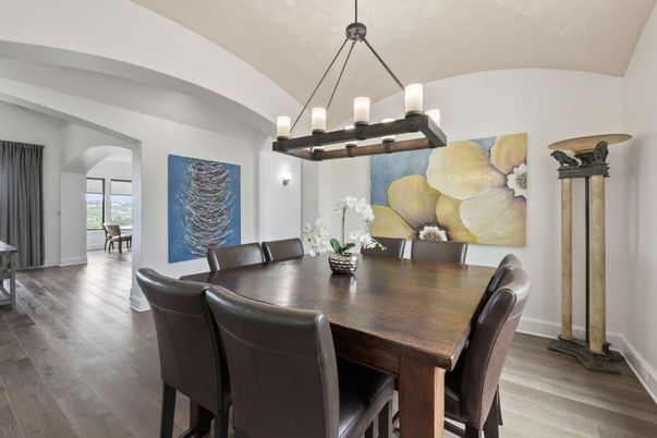Dining room, Interior, Pendant Lights, Wood Texture Flooring