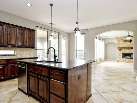 Fireplace, Interior, Kitchen, Pendant Lights, Recessed Lighting, Stone Walls