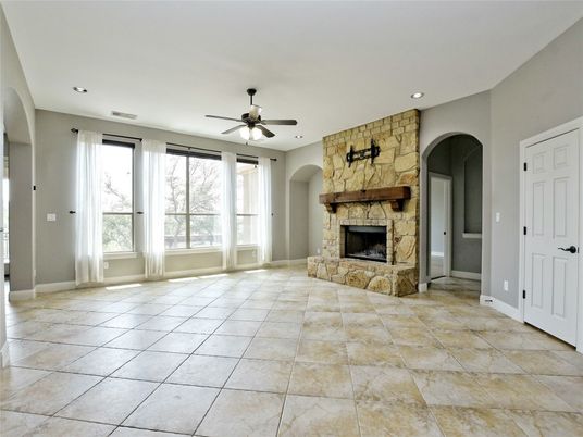 Empty room, Fireplace, Interior, Recessed Lighting, Stone Walls