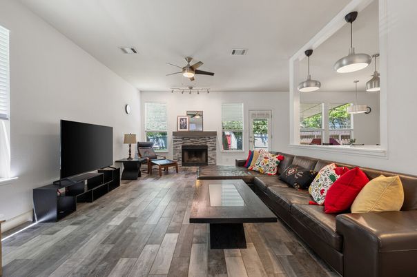 Fireplace, Interior, Living room, Pendant Lights, Wood Texture Flooring