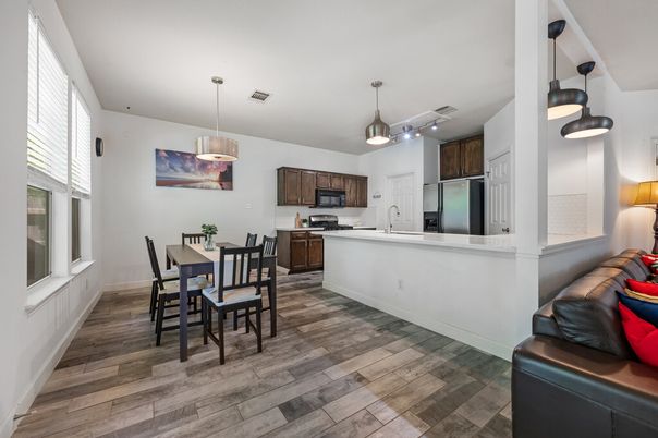 Dining room, Interior, Kitchen, Pendant Lights, Wood Texture Flooring
