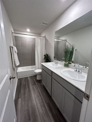 Bathroom, Dual Sink Vanities, Interior, Recessed Lighting, Wood Texture Flooring