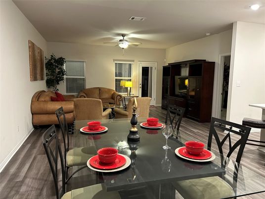 Dining room, Interior, Living room, Recessed Lighting, Wood Texture Flooring