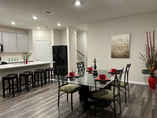 Dining room, Interior, Kitchen, Recessed Lighting, Wood Texture Flooring
