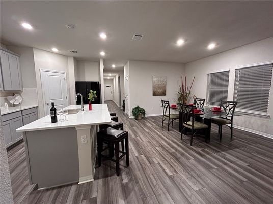 Dining room, Interior, Kitchen, Recessed Lighting, Wood Texture Flooring