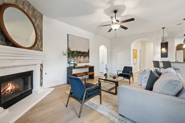 Dining room, Fireplace, Interior, Living room, Pendant Lights, Wood Texture Flooring