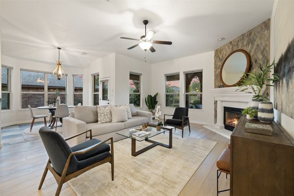 Dining room, Fireplace, Interior, Living room, Pendant Lights, Wood Texture Flooring