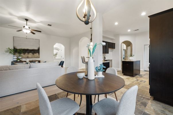 Dining room, Interior, Kitchen, Living room, Pendant Lights, Recessed Lighting, Wood Texture Flooring