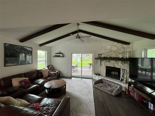 Fireplace, Interior, Living room, Stone Walls, Wooden Beams, Wood Texture Flooring