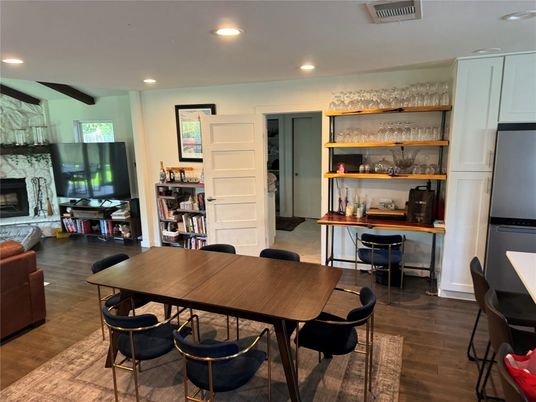 Dining room, Fireplace, Interior, Recessed Lighting, Wood Texture Flooring