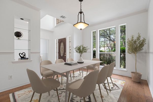 Dining room, Interior, Pendant Lights, Wood Texture Flooring
