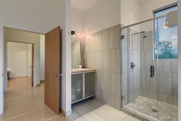 Bathroom, Glass Shower, Interior, Wood Texture Flooring