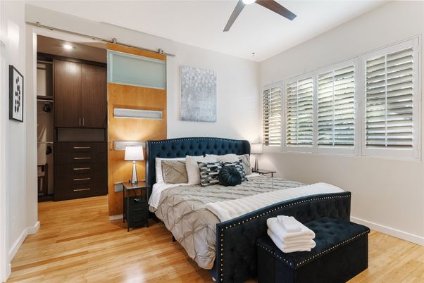 Bedroom, Interior, Recessed Lighting, Wood Texture Flooring