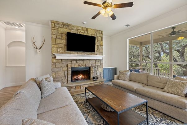 Fireplace, Interior, Living room, Stone Walls, Wood Texture Flooring