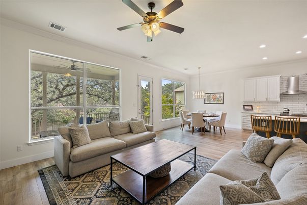 Dining room, Interior, Kitchen, Living room, Pendant Lights, Recessed Lighting, Wood Texture Flooring