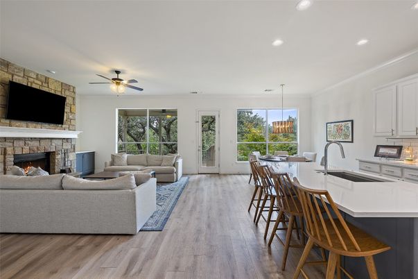 Dining room, Fireplace, Interior, Kitchen, Living room, Pendant Lights, Recessed Lighting, Wood Texture Flooring