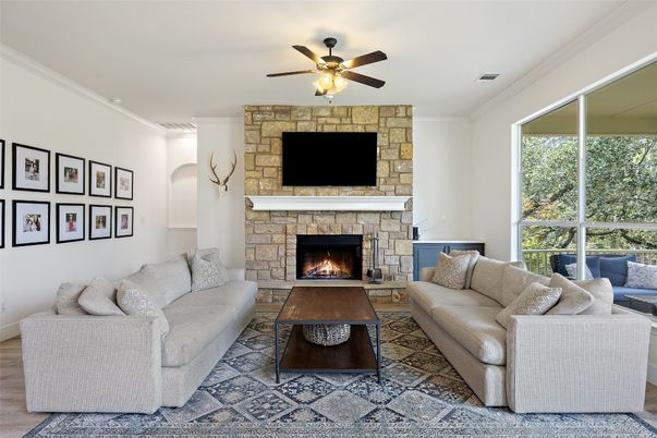 Fireplace, Interior, Living room, Stone Walls, Wood Texture Flooring