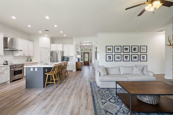 Interior, Kitchen, Living room, Recessed Lighting, Stainless Steel Appliances, Wood Texture Flooring