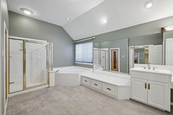 Bathroom, Dual Sink Vanities, Glass Shower, Interior, Recessed Lighting