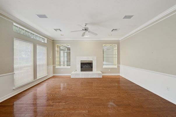Empty room, Fireplace, Interior, Recessed Lighting, Wood Texture Flooring