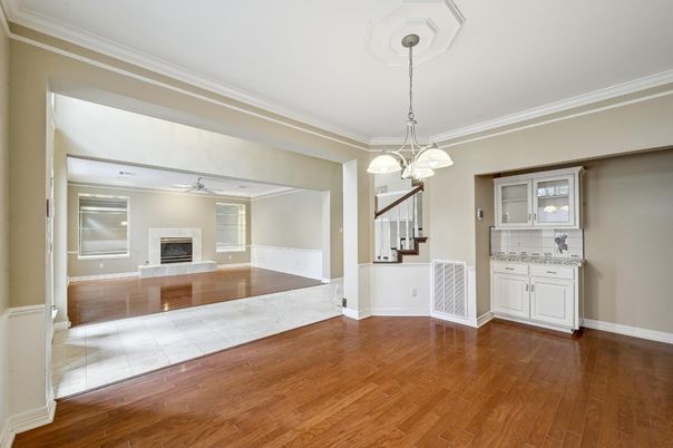 Empty room, Fireplace, Interior, Pendant Lights, Wood Texture Flooring