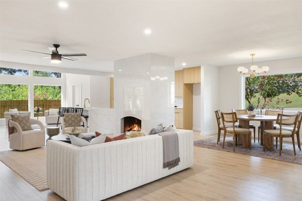 Chandelier, Dining room, Fireplace, Interior, Living room, Recessed Lighting, Wood Texture Flooring
