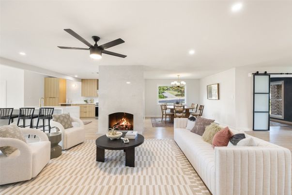 Chandelier, Dining room, Fireplace, Interior, Kitchen, Living room, Recessed Lighting, Wood Texture Flooring