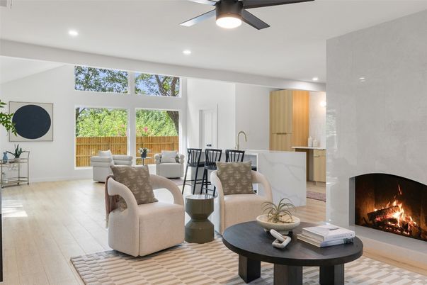 Fireplace, Interior, Living room, Recessed Lighting, Wood Texture Flooring
