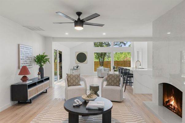 Fireplace, Interior, Kitchen, Living room, Recessed Lighting, Wood Texture Flooring