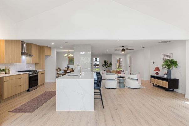 Dining room, Interior, Kitchen, Living room, Recessed Lighting, Stainless Steel Appliances, Wood Texture Flooring