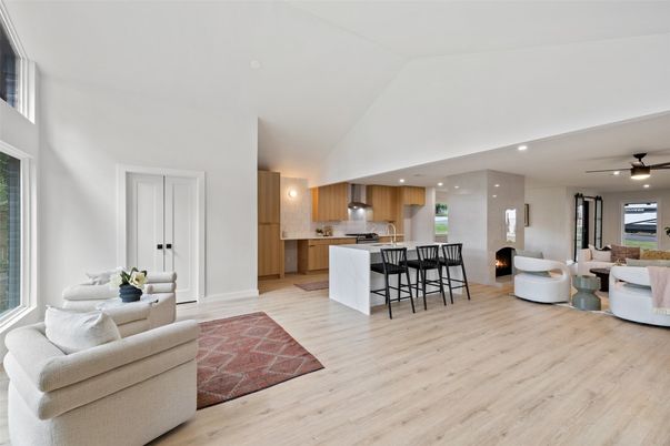 Fireplace, Interior, Kitchen, Living room, Recessed Lighting, Wood Texture Flooring