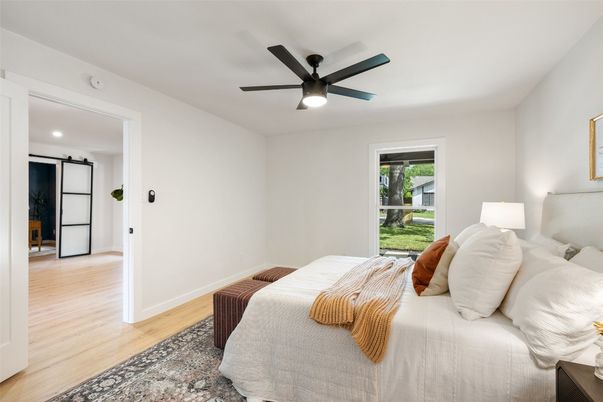 Bedroom, Interior, Recessed Lighting, Wood Texture Flooring