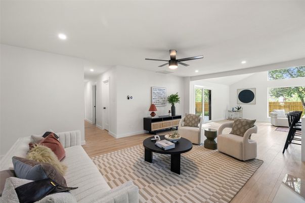 Interior, Living room, Recessed Lighting, Wood Texture Flooring
