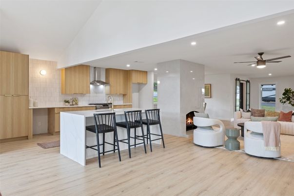 Fireplace, Interior, Kitchen, Living room, Recessed Lighting, Wood Texture Flooring