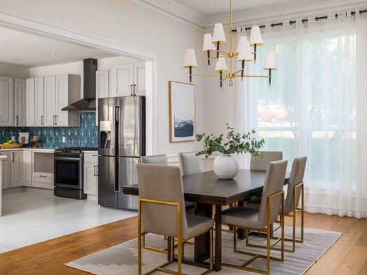 Dining room, Interior, Kitchen, Pendant Lights, Recessed Lighting, Stainless Steel Appliances, Wood Texture Flooring