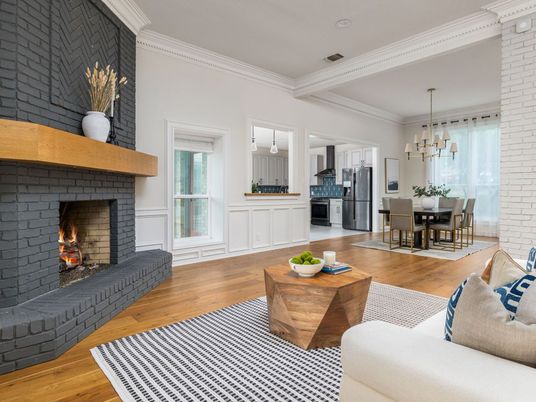 Dining room, Fireplace, Interior, Kitchen, Living room, Pendant Lights, Recessed Lighting, Stainless Steel Appliances, Stone Walls, Wood Texture Flooring