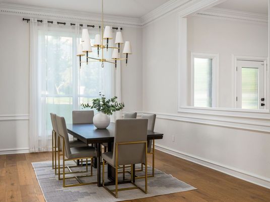 Chandelier, Dining room, Interior, Pendant Lights, Wood Texture Flooring