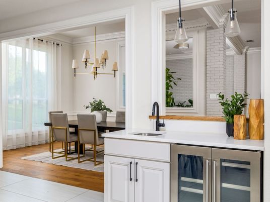 Dining room, Interior, Kitchen, Pendant Lights, Stone Walls, Wood Texture Flooring