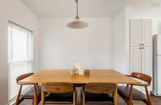 Dining room, Interior, Pendant Lights, Wood Texture Flooring