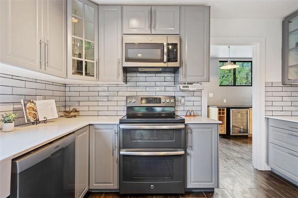 Interior, Kitchen, Pendant Lights, Stainless Steel Appliances, Wood Texture Flooring