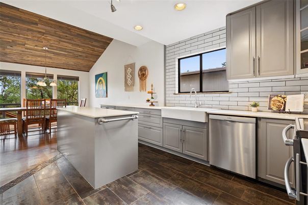 Dining room, Interior, Kitchen, Pendant Lights, Recessed Lighting, Stainless Steel Appliances, Wooden Ceilings