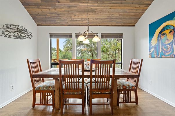 Dining room, Interior, Pendant Lights, Wooden Ceilings, Wood Texture Flooring