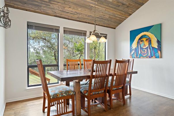 Dining room, Interior, Pendant Lights, Wooden Ceilings, Wood Texture Flooring