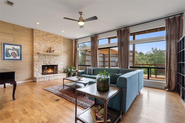 Fireplace, Interior, Living room, Recessed Lighting, Stone Walls, Wood Texture Flooring, Wooden Walls