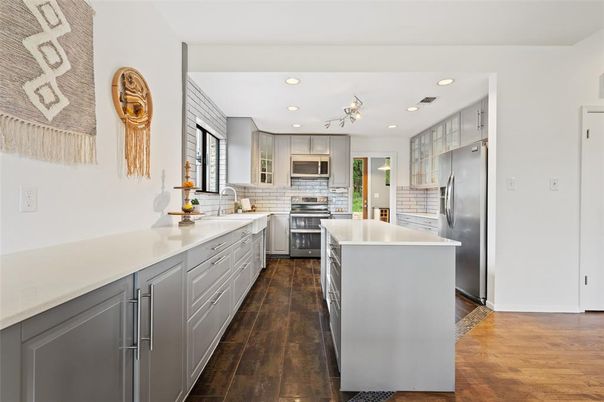 Interior, Kitchen, Recessed Lighting, Stainless Steel Appliances, Wood Texture Flooring